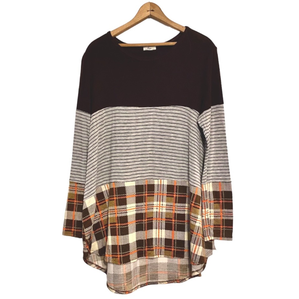 Egy Solid Plaid Stripe Color Block Tunic Top Curved Hem Oversized LS Hi-Lo Shirt